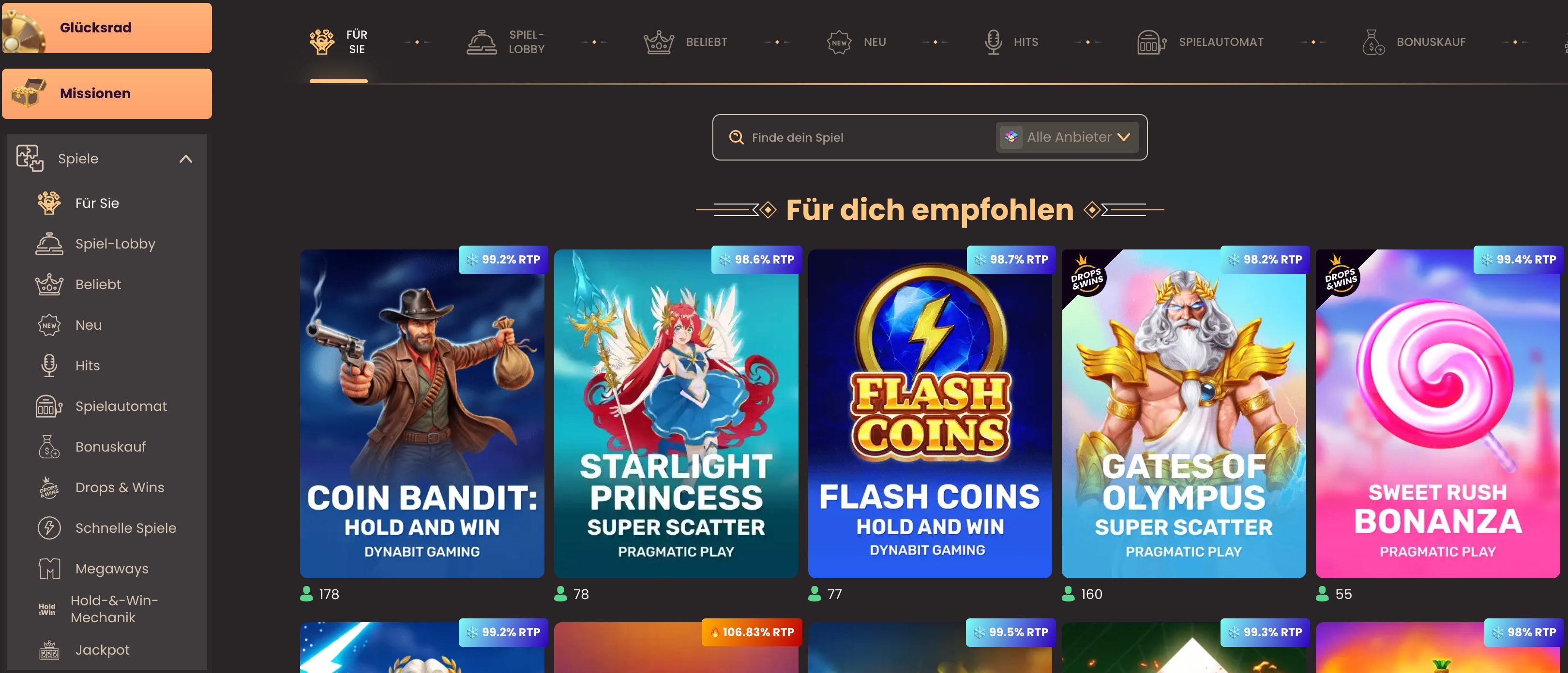 National Casino Lobby mit Kategorien, Suche, Empfehlungen und aktuellen RTP-Werten
